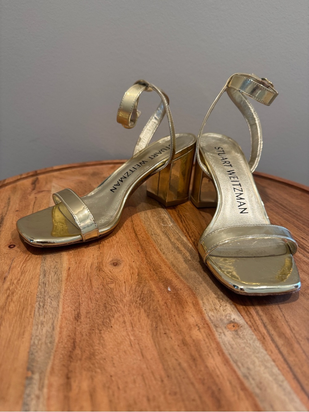 Stuart Weitzman Metallic Gold Ankle-Strap Block Heels